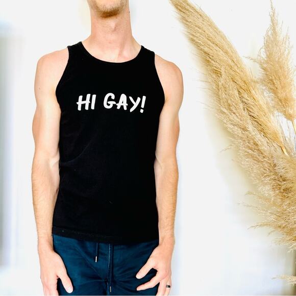 UNISEX Black White Tank Top Crew Neck Screen Print Hi Gay! Classic Shirt S M - Picture 1 of 7